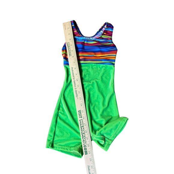 Motionwear Gymnastics Shortall Leotard Girls 8-10 Green Velvet Rainbow Stripe - Picture 8 of 13